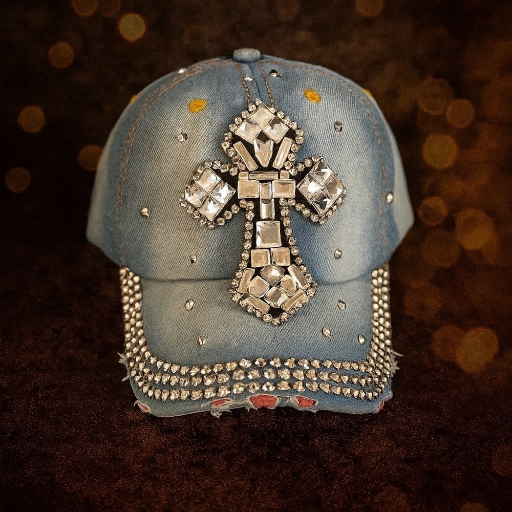 NWOT Embellished Denim Cap with Cross Design